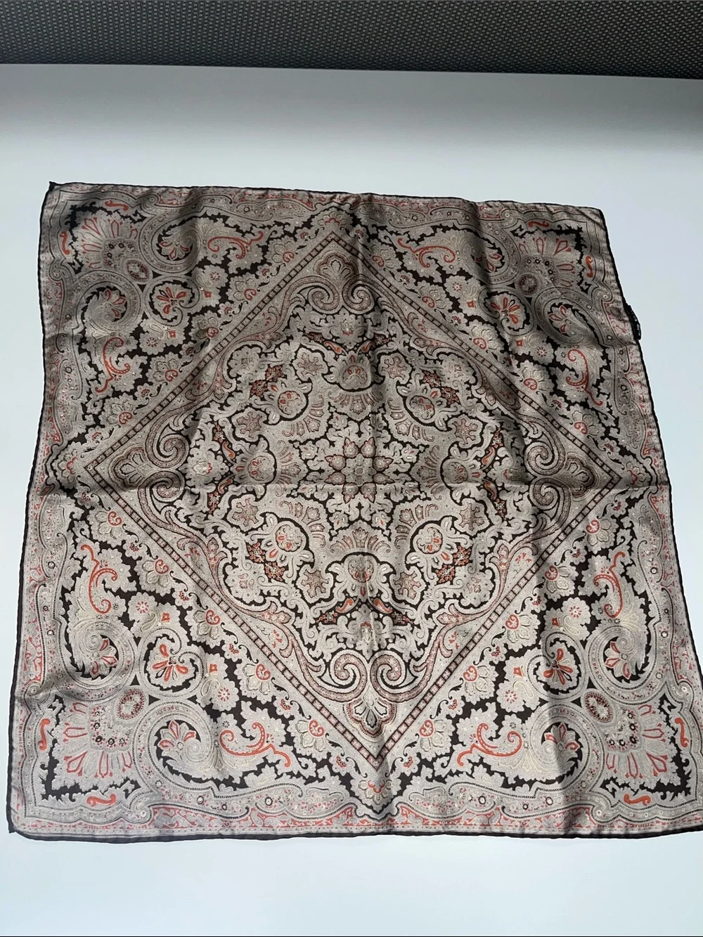 Source Unknown Taupe and Coral Paisley Square Silk Scarf